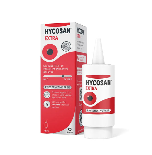 Hycosan Extra eye drops bottle with dropper, clear liquid, used for lubricating and soothing dry or irritated eyes.