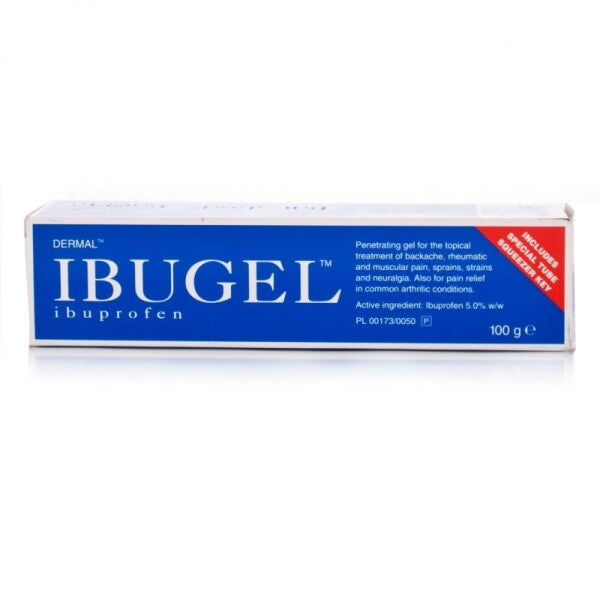 Ibugel Ibuprofen 5% Gel in 100g tube, showing the packaging and gel applicator for pain relief and inflammation.