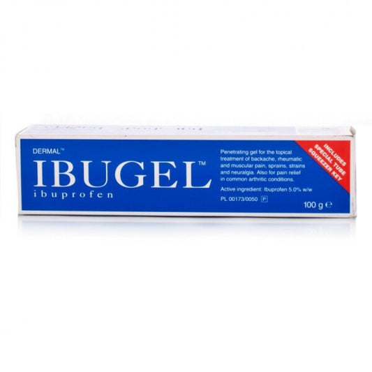 Ibugel Ibuprofen 5% Gel in 100g tube, showing the packaging and gel applicator for pain relief and inflammation.
