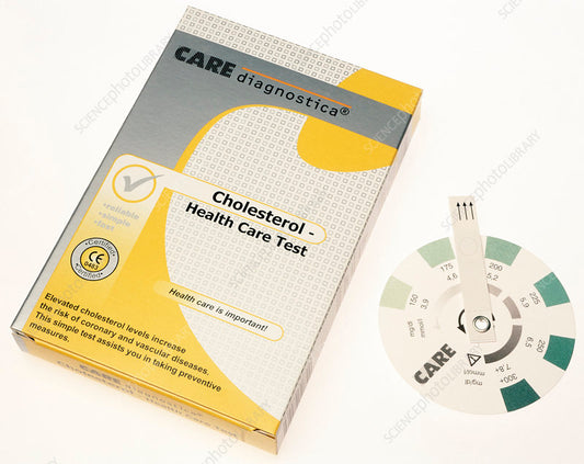 Newfoundland cholesterol test kit showing sealed testing strips and instruction manual for home cholesterol testing