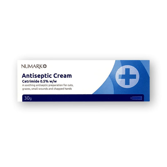 Numark antiseptic cream 30g tube, showing the product packaging and label for wound care and skin treatment.