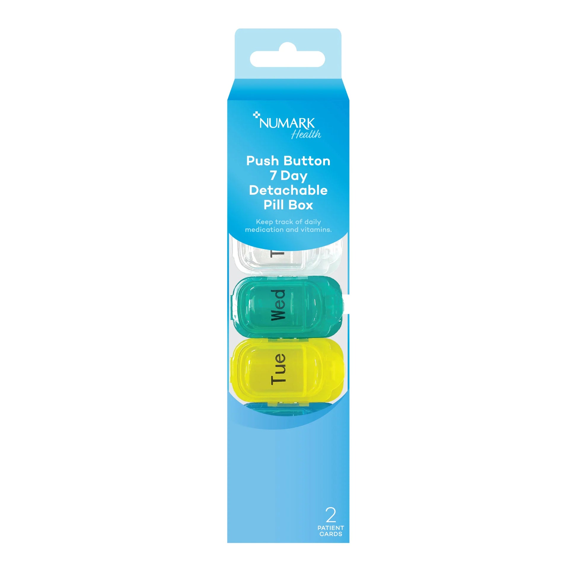 Numark detachable 7-day pill box with individual compartments for organized medication storage.
