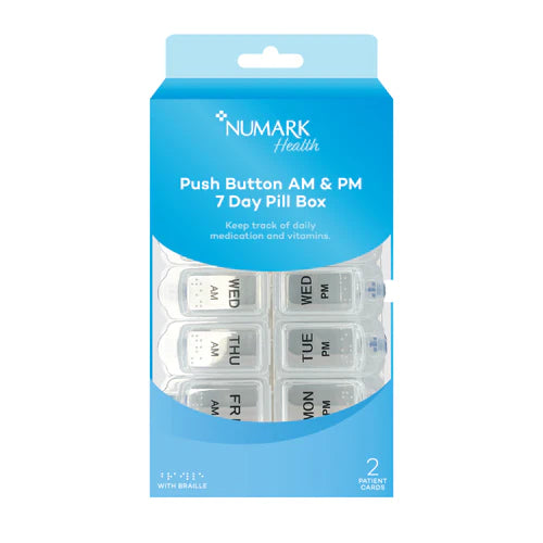 Numark push button AM & PM 7-day pill box with individual compartments for daily medication organization.
