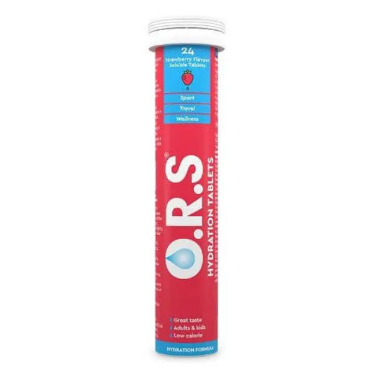 Cured Pharmacy ORS Hydration 24 Strawberry Tablets in a clear plastic container showing vibrant strawberry-flavored electrolyte tablets.