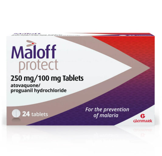 Cured Pharmacy Maloff Protect 250mg/100mg medication blister pack with tablets on a white background