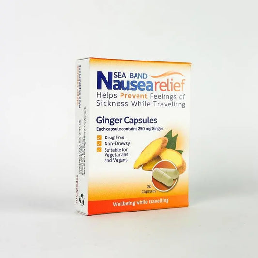 Sea-Band Ginger Capsules for nausea relief, 20-pack, showing the herbal supplement capsules in a clear container.