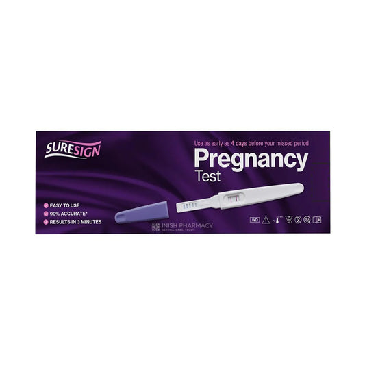 CuredPharmacy Suresign 6-day early midstream pregnancy test showing the test strip with two lines indicating a positive result