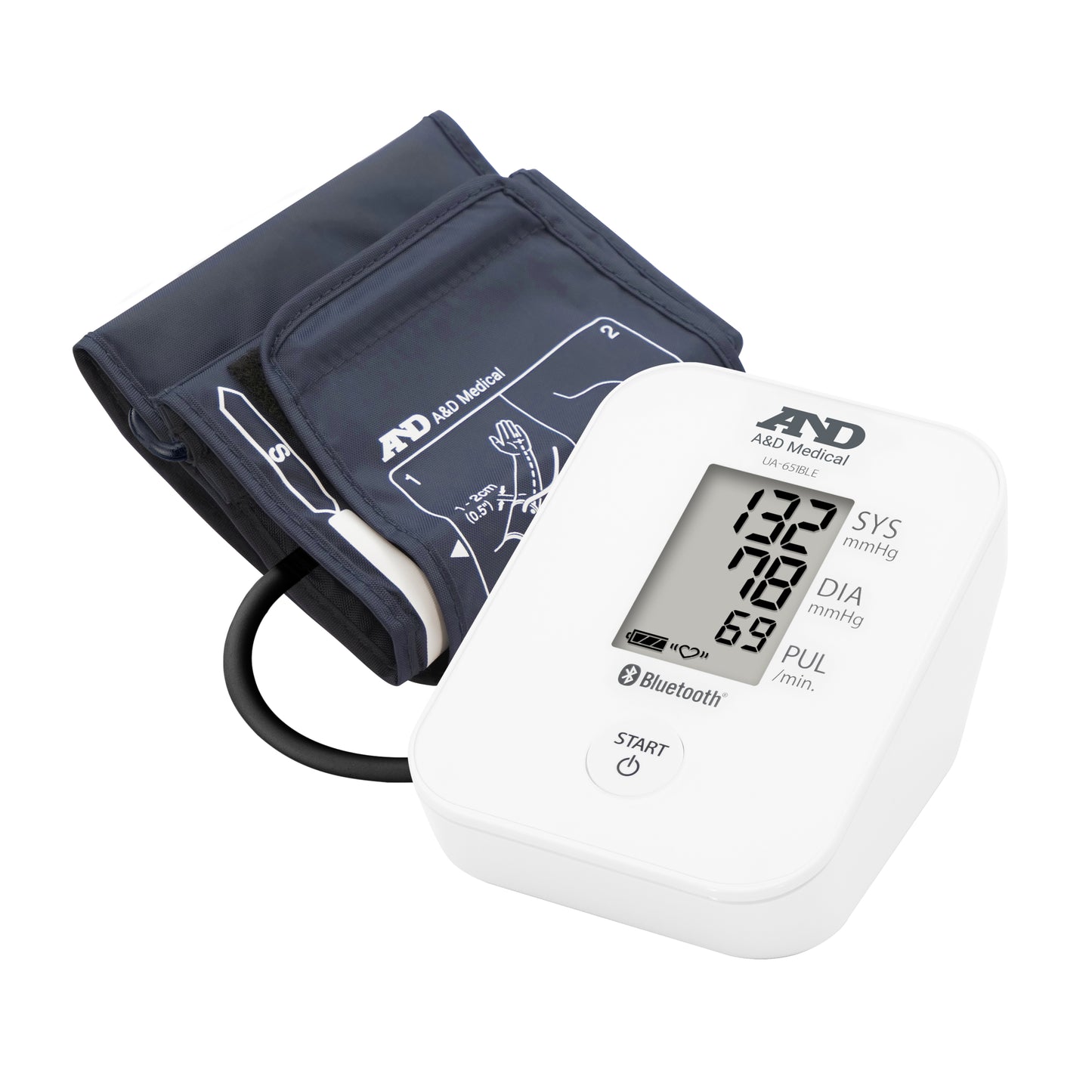 A&D Medical UA-651BLEISO blood pressure monitor with digital display and cuff, shown from front angle with display turned on