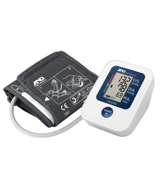A&D Medical UA-651SL upper arm blood pressure monitor with 23-37cm cuff, displaying digital readings on its screen.