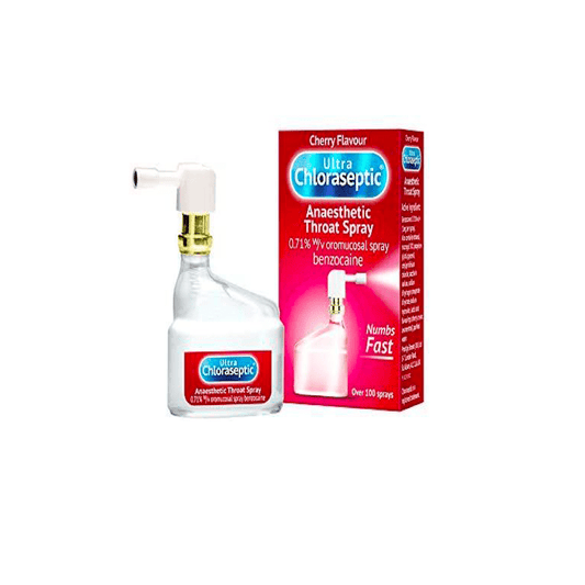 Ultra Chloraseptic cherry throat spray in a 15ml bottle, designed for sore throat relief with anaesthetic properties.