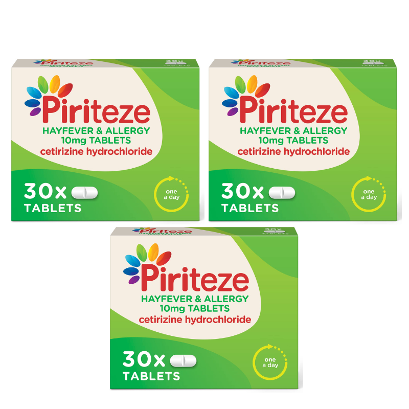 Piriteze One A Day antihistamine tablets in blister pack, used for allergy relief, with white and yellow packaging.