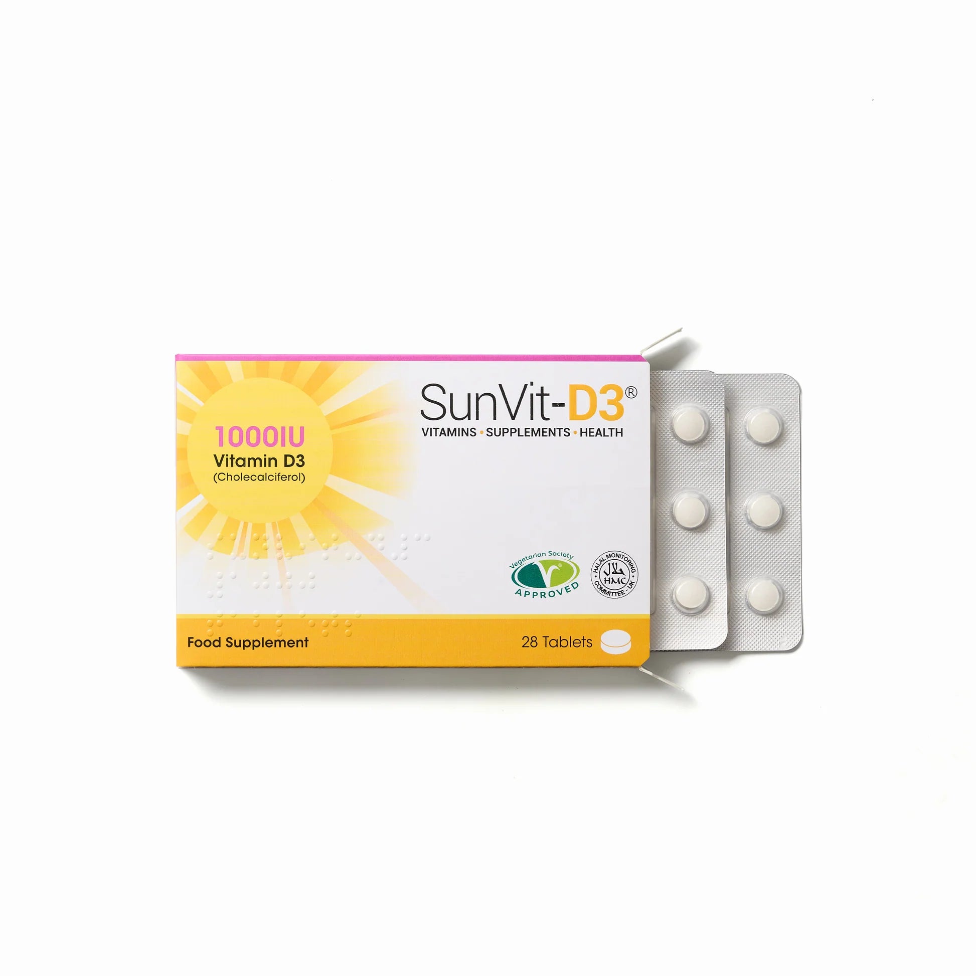 Open bottle of SunVit-D3 1000IU Vitamin D3 tablets by Cured Pharmacy, showing white capsules inside.