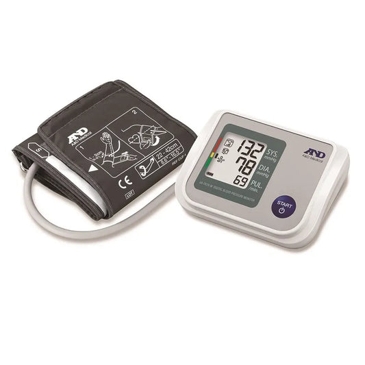 A&D Medical UA-767F upper arm blood pressure monitor with wide cuff, showing digital display and sleek design.