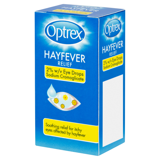 Optrex Hayfever Relief 2% eye drops in a 10ml bottle, showing the clear liquid and packaging for allergy relief.