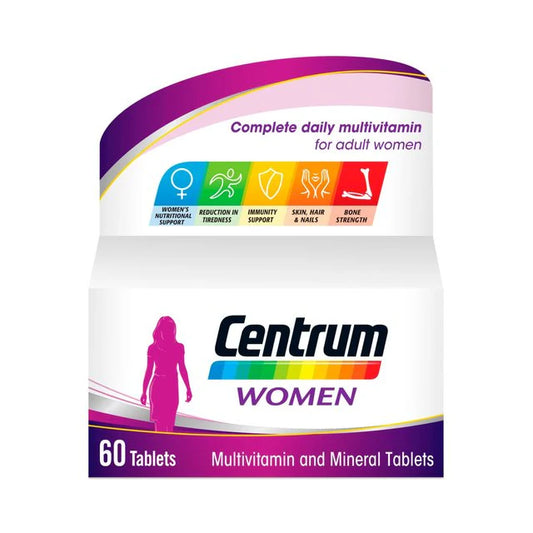 Centrum Women multivitamin and mineral tablets with vitamin D, 60 count, shown in blister packaging, by Cured Pharmacy.