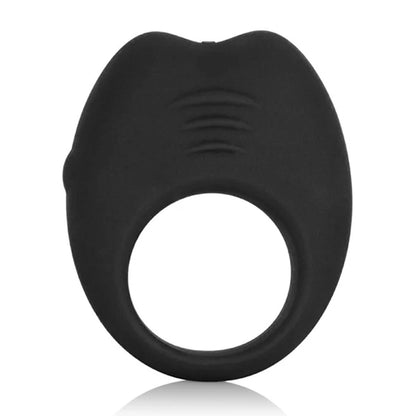 Black COLT Silicone Rechargeable Cock Ring shown from the front, highlighting its sleek design and adjustable fit.