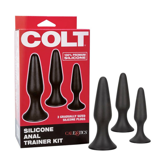 COLT silicone anal trainer kit featuring multiple tapered anal plugs in various sizes for comfortable, safe anal stimulation.