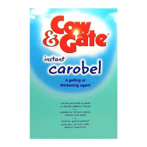 Cow & Gate Carobel Instant 135g, thickening agent in a white jar with a label, used for infant feeding.