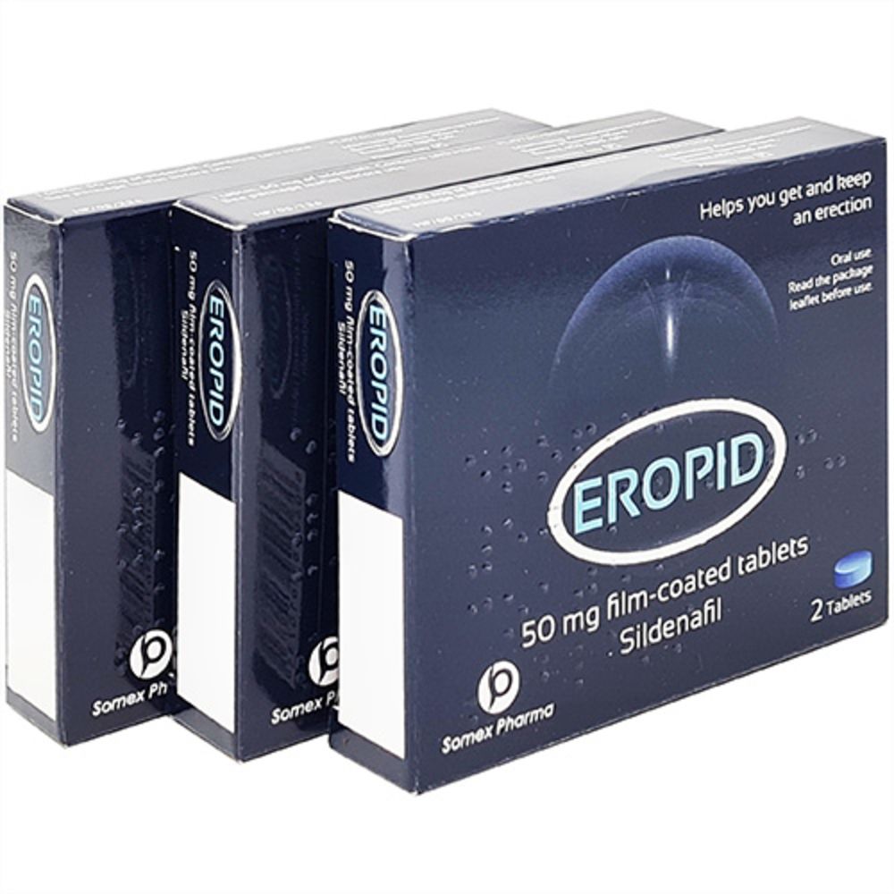Two 50mg Sildenafil Eropid tablets from Cured Pharmacy, showing the packaging and tablets on a white background.