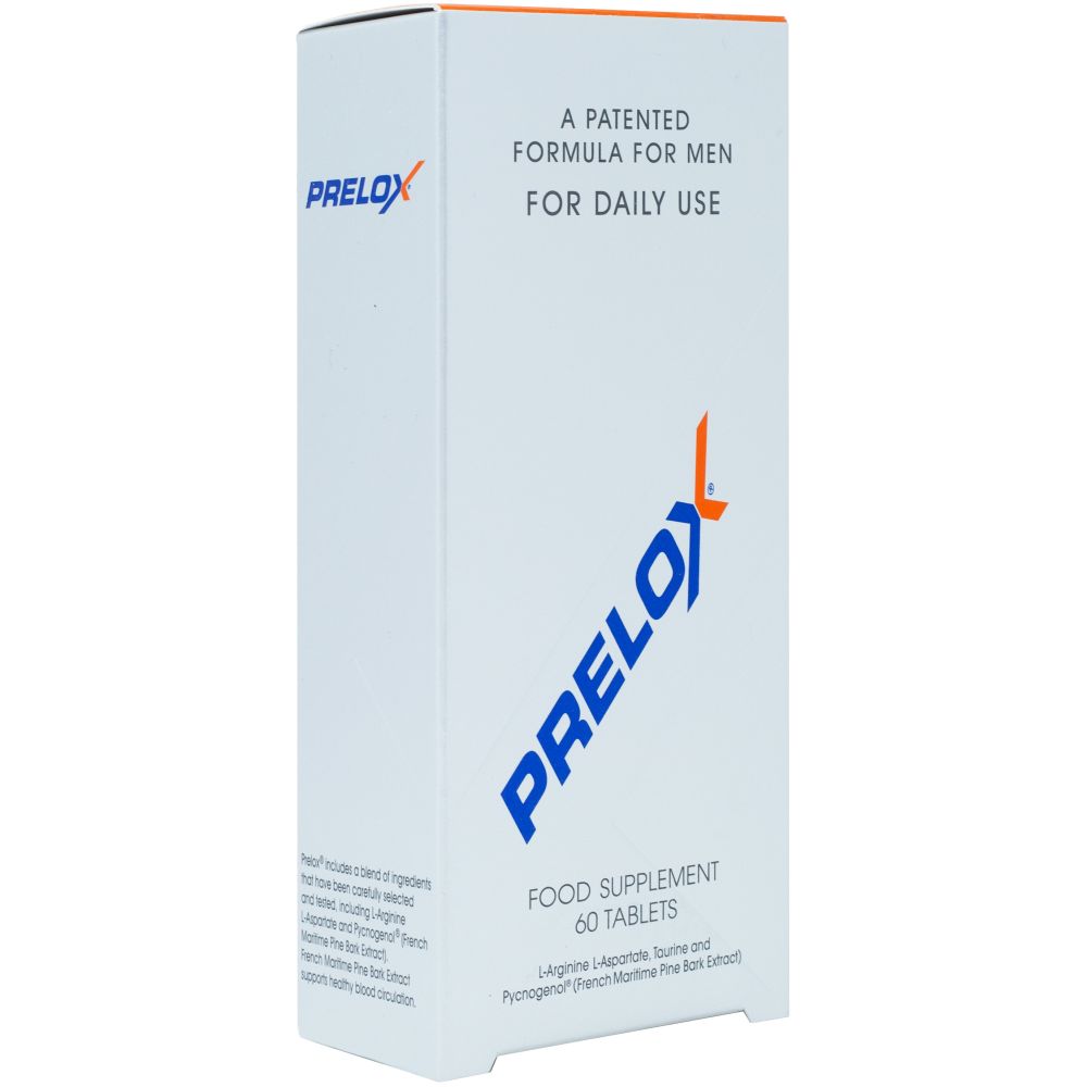Prelox for Men 60 tablets by Cured Pharmacy, showing the supplement bottle with label and tablets inside.