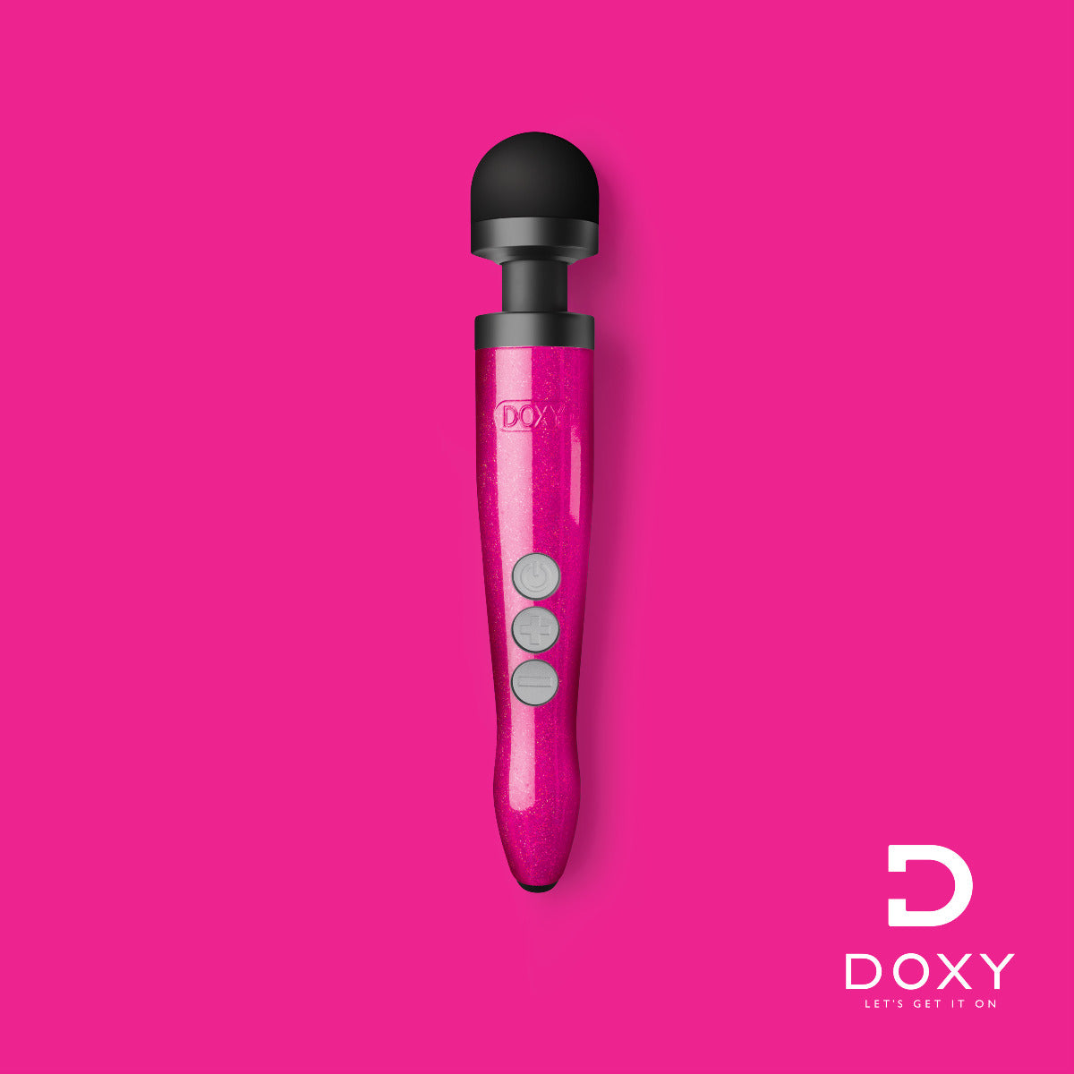 Doxy Die Cast 3 Rechargeable vibrator in hot pink with metallic finish, showing its sleek design and textured surface.