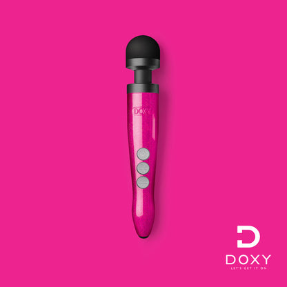 Doxy Die Cast 3 Rechargeable vibrator in hot pink with metallic finish, showing its sleek design and textured surface.