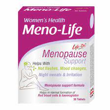 Meno-Life Menopause Support in a bottle of 30 tablets, dietary supplement for menopause relief and hormone balance.