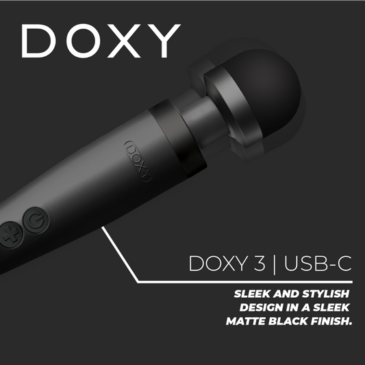 Doxy 3 USB-C vibrator in matte black with textured surface, shown on a neutral background, highlighting its sleek design.
