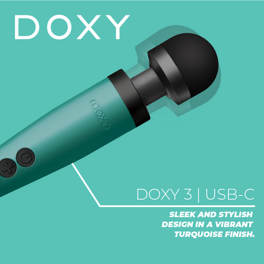 Doxy 3 USB-C vibrator in turquoise color, sleek ergonomic design, shown on social media image.