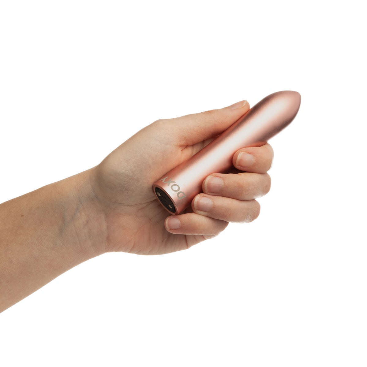 Doxy Pink Bullet vibrator held in hand, showcasing smooth pink silicone surface and compact design for discreet pleasure.