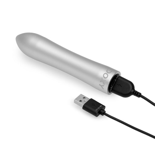 Doxy Silver Bullet vibrator in sleek silver finish, smooth surface, compact design for personal pleasure use
