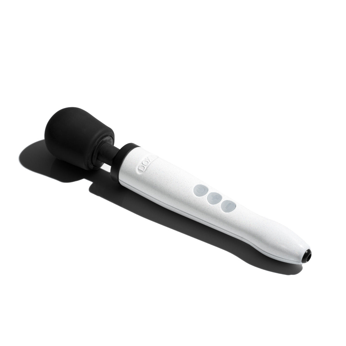 Doxy Die Cast Rechargeable vibrator in Stardust White with angled design and metallic finish, showcasing its sleek shape and textured surface.