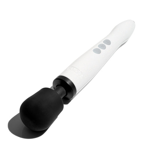 Doxy Die Cast Rechargeable vibrator in Stardust White with textured head, made of smooth silicone, designed for maximum pleasure.
