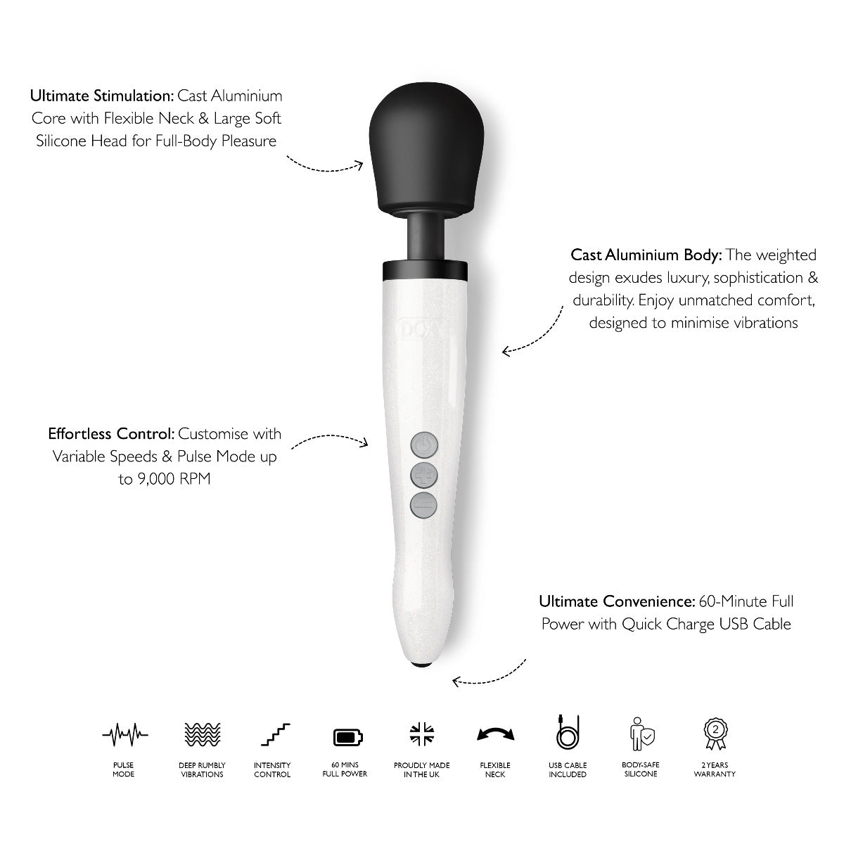 Doxy Die Cast Rechargeable vibrator in Stardust White with infographic showing features and design details.