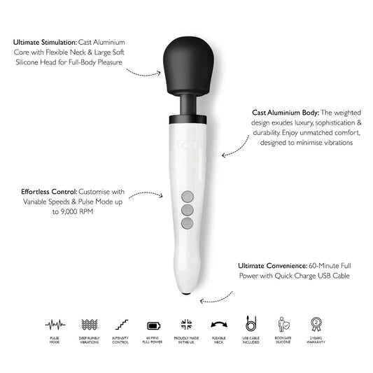 Doxy Die Cast Rechargeable vibrator in Stardust White with infographic showing features and design details.