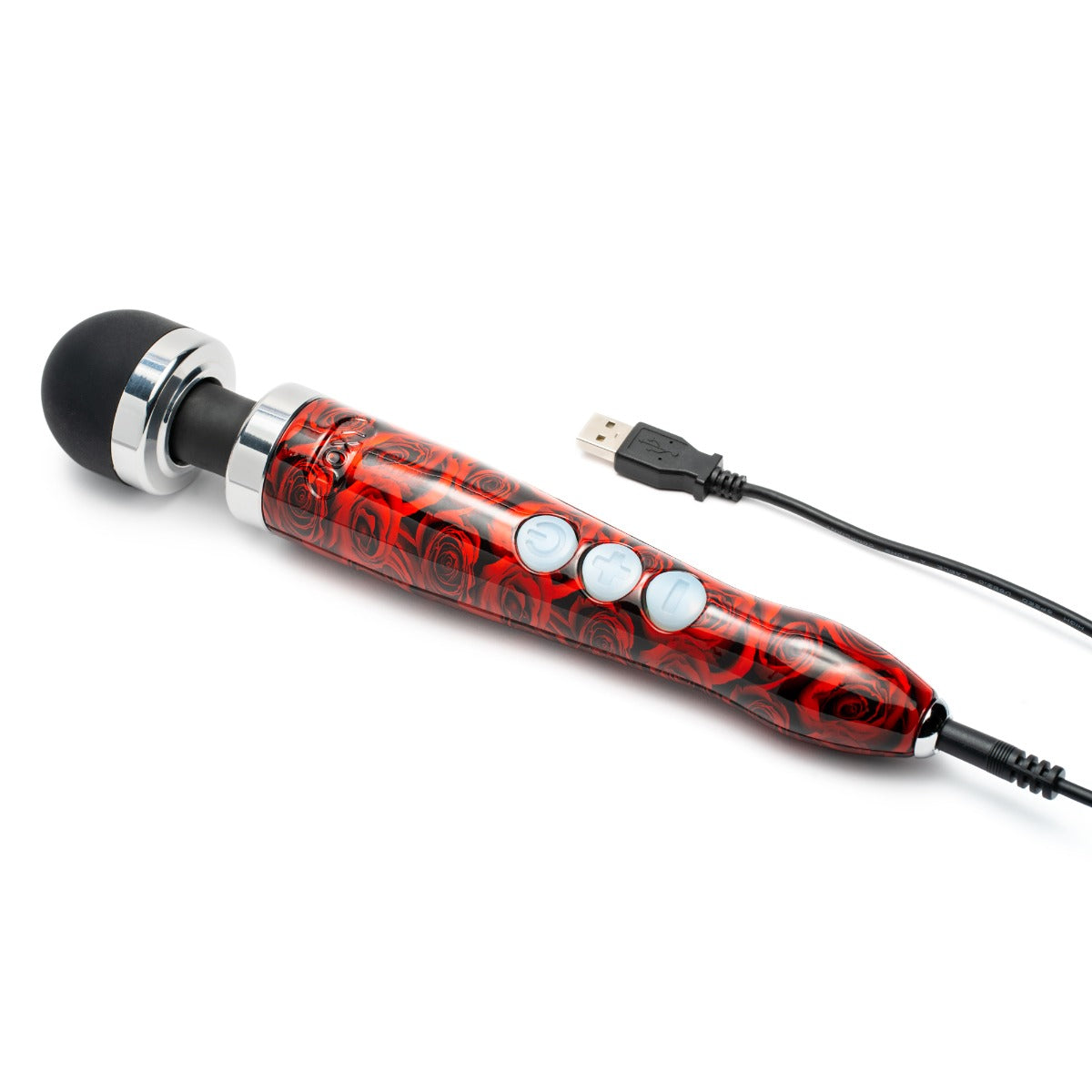 Doxy Die Cast 3 Rechargeable vibrator with rose design, showing the sleek body and charging cable for the Doxy brand.