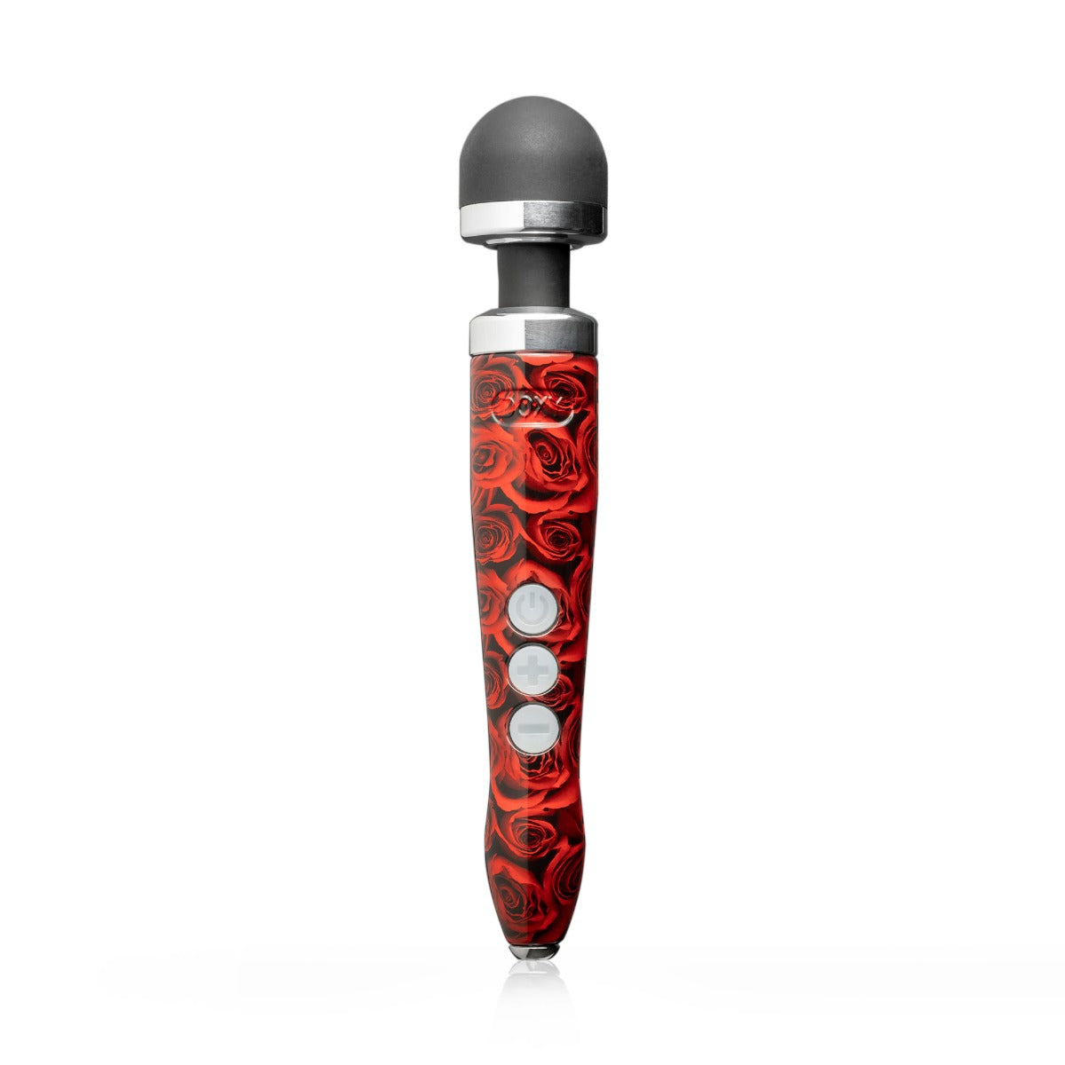 Doxy Die Cast 3 Rechargeable vibrator with rose gold finish standing upright, showcasing its sleek design and textured surface.