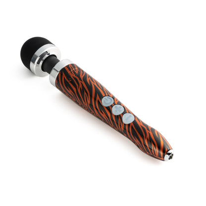 Doxy Die Cast 3 Rechargeable vibrator with tiger hydrographic design, featuring sleek metallic finish and ergonomic shape.
