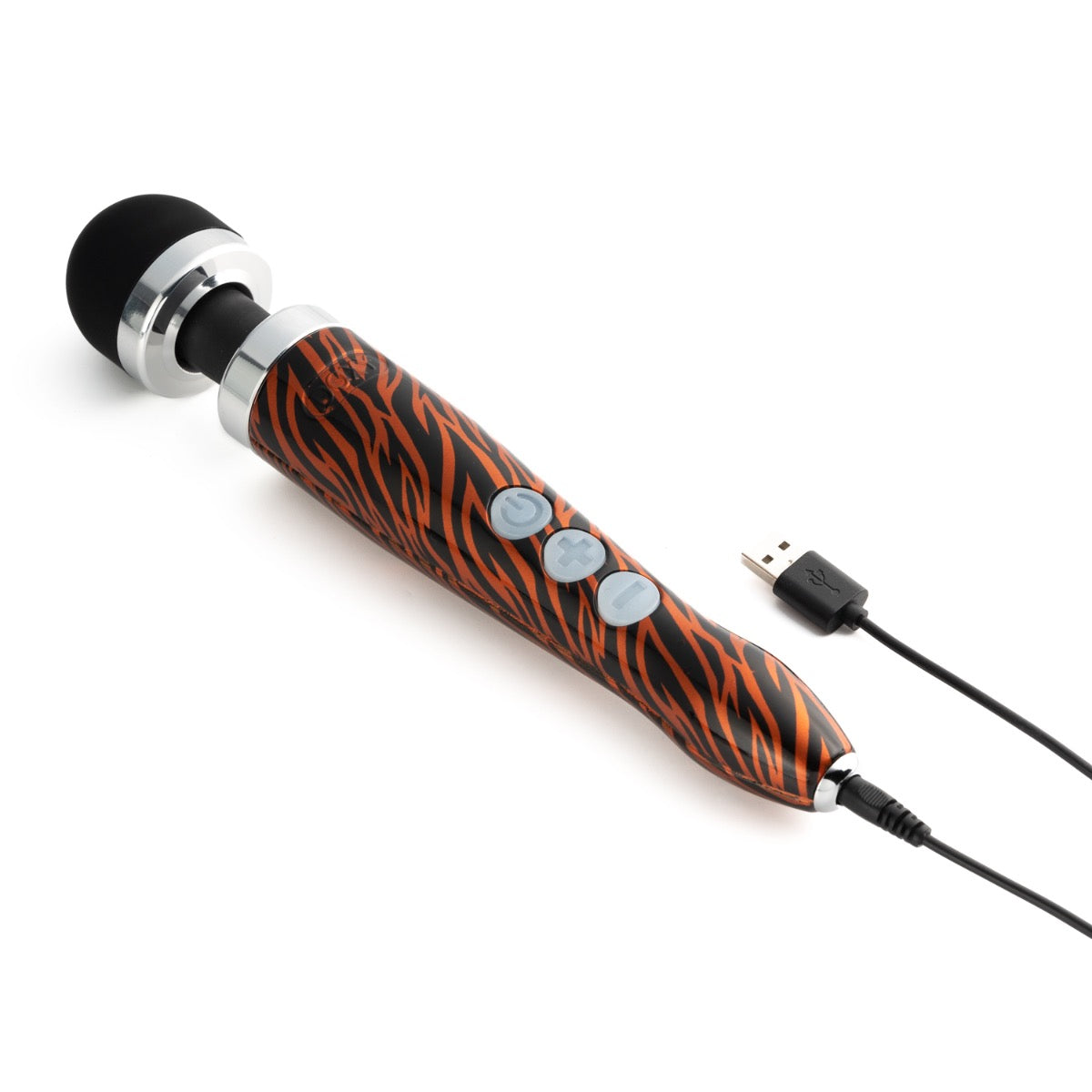 Doxy Die Cast 3 Rechargeable vibrator with tiger hydrographic finish, USB charging port, and sleek ergonomic design.