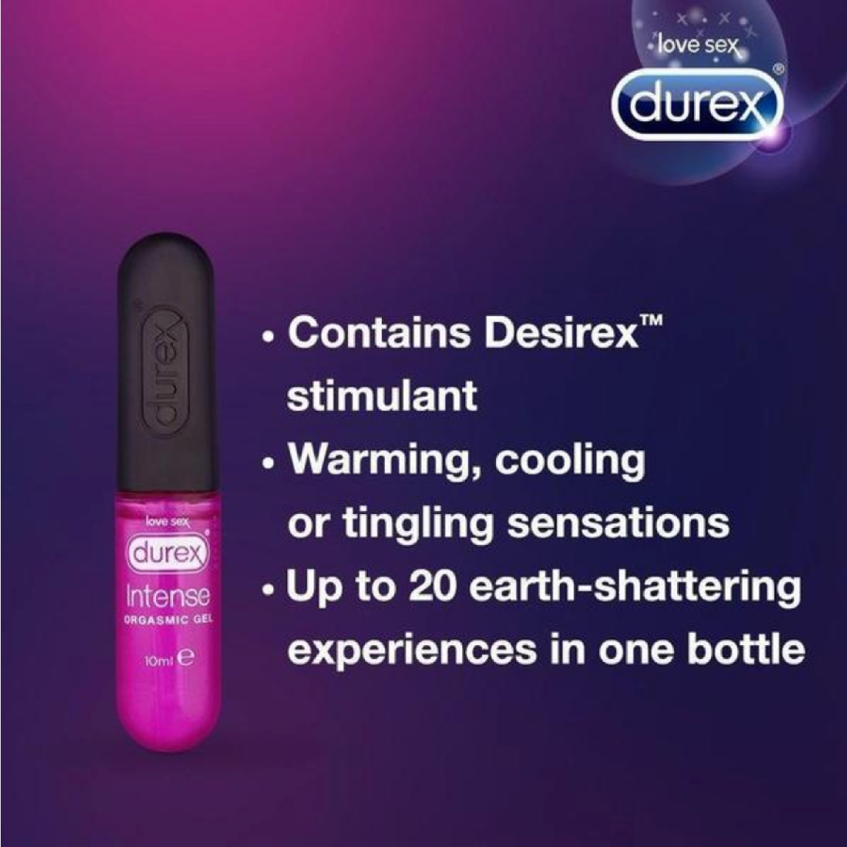 Durex Intense Gel 10ml bottle with label showing Durex branding and product details for enhancing intimacy and pleasure.