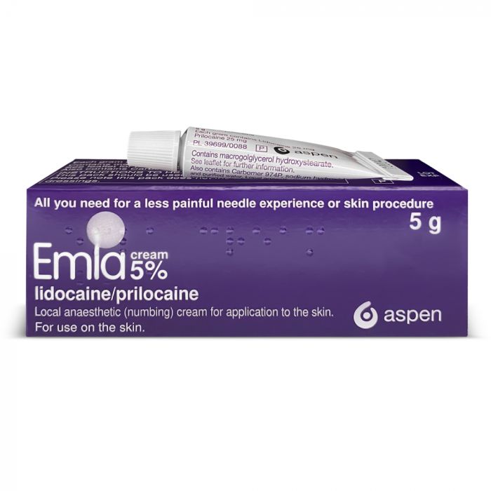 Tube of EMLA Cream 5% in 5g size, showing the packaging and product label for topical numbing cream by EMLA.