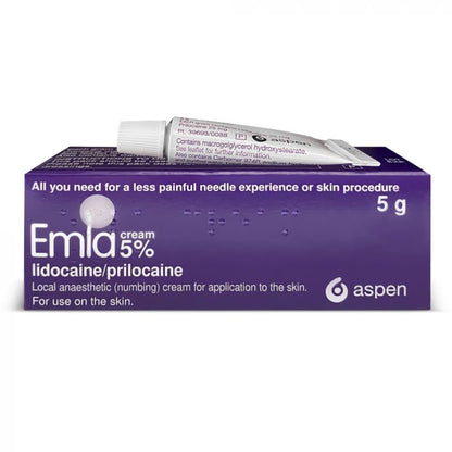 Tube of EMLA Cream 5% in 5g size, showing the packaging and product label for topical numbing cream by EMLA.