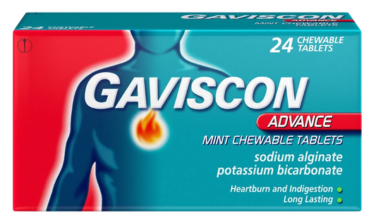 Gaviscon Advance Mint Chewable Tablets box, 24-count carton, for relief from indigestion and heartburn, by Gaviscon