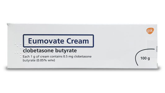 Eumovate Cream tube showing the Eumovate brand name and product packaging on a white background.