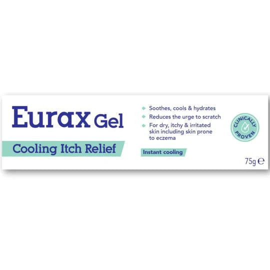 Eurax Cooling Itch Relief Gel 75g tube showing the product packaging and applicator for soothing skin irritation.