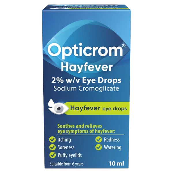 Cured Pharmacy Opticrom Eye Drops bottle with dropper cap, clear liquid inside, on a plain white background.