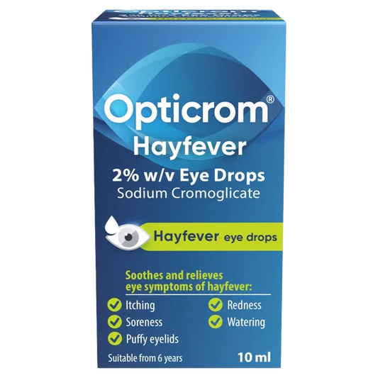 Cured Pharmacy Opticrom Eye Drops bottle with dropper cap, clear liquid inside, on a plain white background.