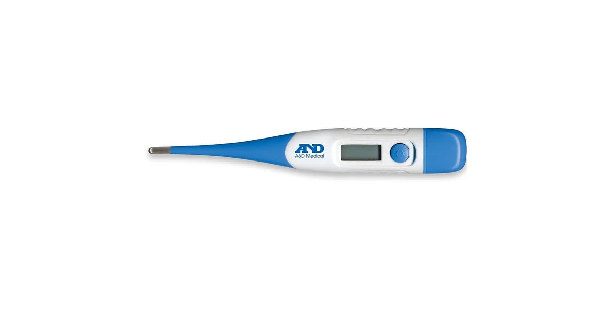 A&D Medical UT-113 Flex Tip Digital Thermometer showing the device with flexible tip and digital display in a close-up view.