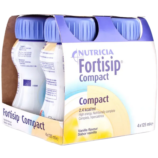 Nutricia Fortisip Compact Protein Vanilla 4x125ml nutritional supplement bottles, creamy vanilla flavor, ready-to-drink meal replacement