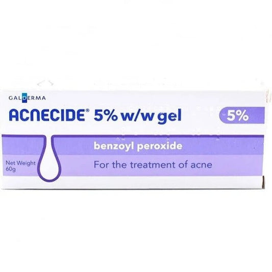 Cured Pharmacy Acnecide 5% Benzoyl Peroxide Gel in 60g tube showing the product packaging and applicator